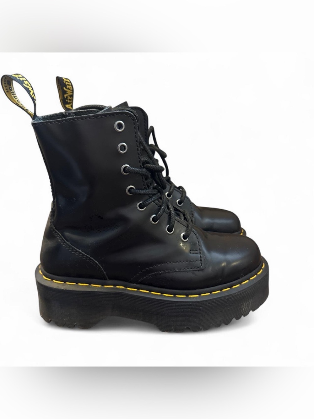 Dr. Martens Black Leather Platform Lace-Up Boots with Yellow Stitching